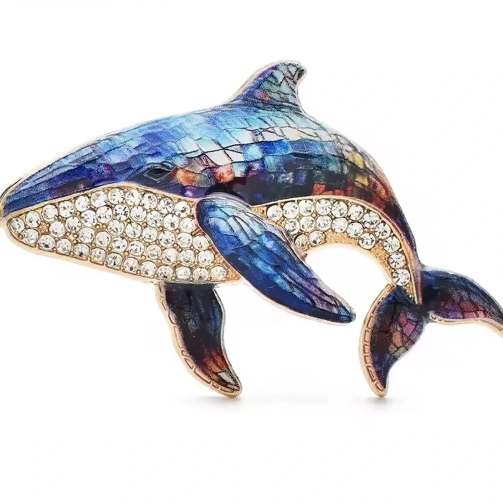 Anthropologie Blue and Gold Whale Brooch